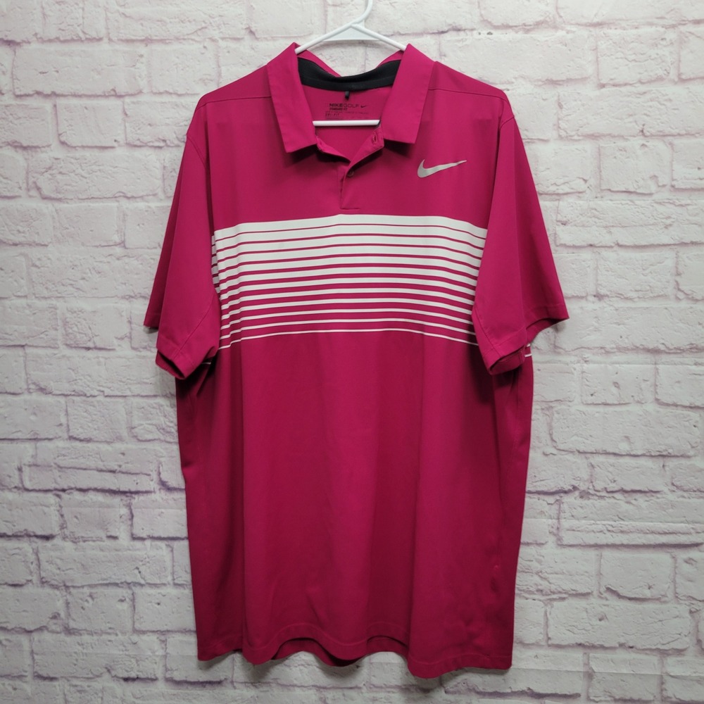 Nike Golf Performance Polo‎ Shirt Mens XXL Magenta Stripe Dri-Fit Gorp *FLAW